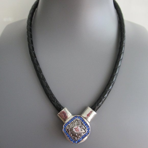 Silver Choker Necklace w/ Interchangeable Pendants Black Braided Leather Cord - Picture 3 of 8